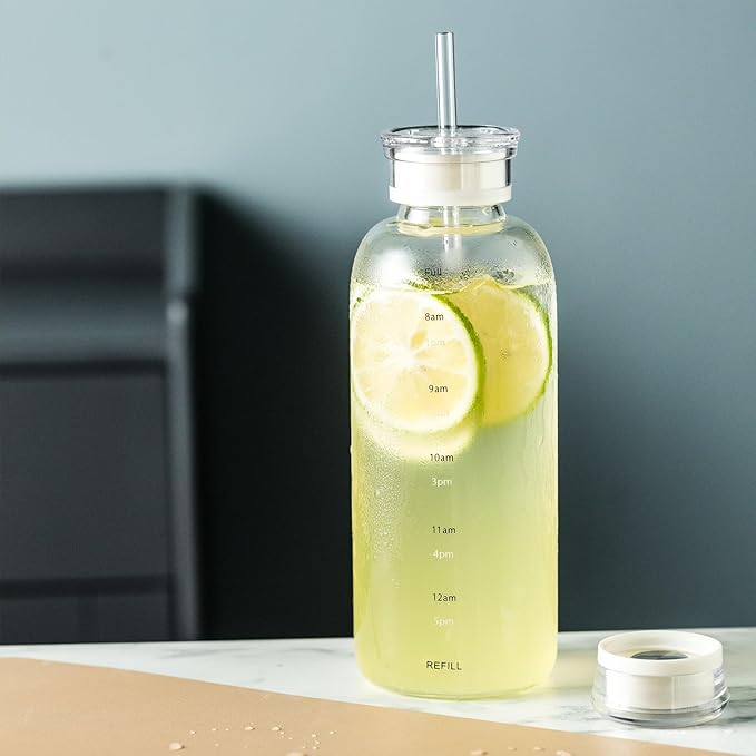 Glass water bottle With Time Marker -24oz with 2 caps and straw,Reusable Glass Drinking Bottles，Suitable For Drinks, Juices, Sodas, Coke, As Gifts Etc (24oz)