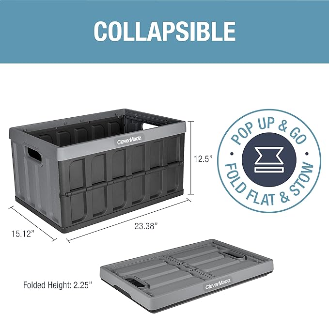 CleverMade Collapsible Storage Bins - Stone 3 Pack 62L / 16 Gal holds 100 lbs - Stackable Containers Heavy Duty Capacity Crates Space-Saving