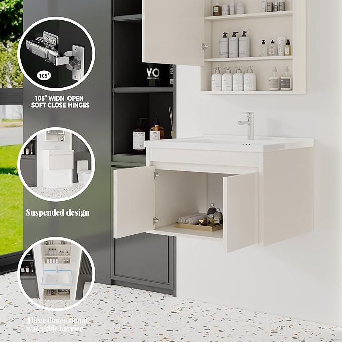 28'' Bathroom Vanity with Ceramic Sink Combo, Wall Mounted Small Bathroom Vanity with Soft-Close Door Modern Floating Cabinet, Pop-up Drain, P-Trap Included, Khaki(No Faucet)