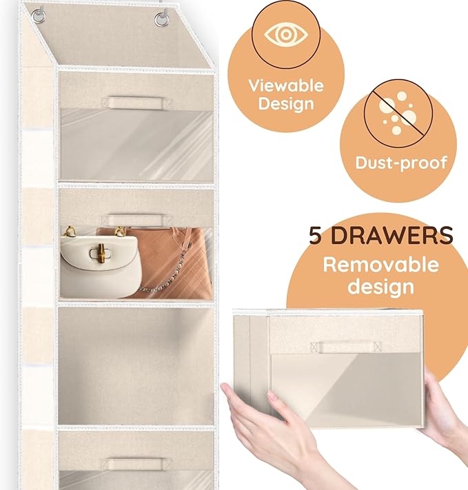 Over the Door Organizer with Drawers, 5 Tier Hanging Storage with Removable Bins & 10 Side Pockets, Over Door Closet Organizer for Baby Items, Yarn, Bed Sheets, Clothes, Toys, Towels – Beige