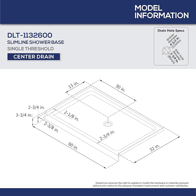 DreamLine SlimLine 32 in. D x 60 in. W x 2 3/4 in. H Center Drain Single Threshold Shower Base in Biscuit, DLT-1132600-22