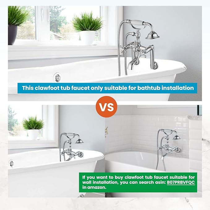 gotonovo Clawfoot Bathtub Faucet Tub Filler with Hand Held Shower Faucet Set Victorian Double Cross Handle 6 Inch Center Adjustable Swing Arms Tub Mount Long Adapter Polished Chrome