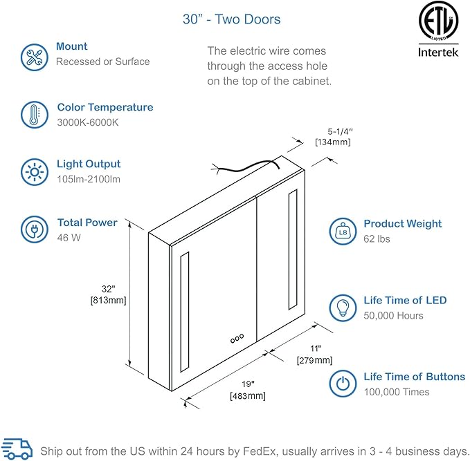 Blossom LED Medicine Cabinet Mirror for Bathroom, 24x32 Inch | Lighted Medicine Cabinet with Mirror | Recessed or Surface Makeup Mirror, Anti-Fog, 3 Color Dimmable, Outlets & USB Ports | P1(M)-30