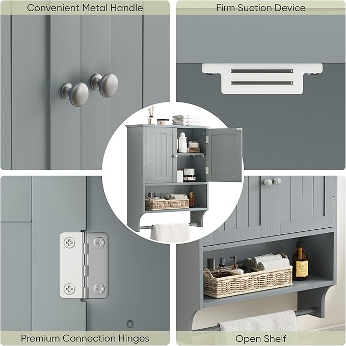 Smuxee Grey Bathroom Cabinet Wall Mounted with Towels Bar, Bathroom Medicine Cabinet with 2 Door Adjustable Shelves, Over Toilet Cabinet for Bathroom Laundry Room Kitchen