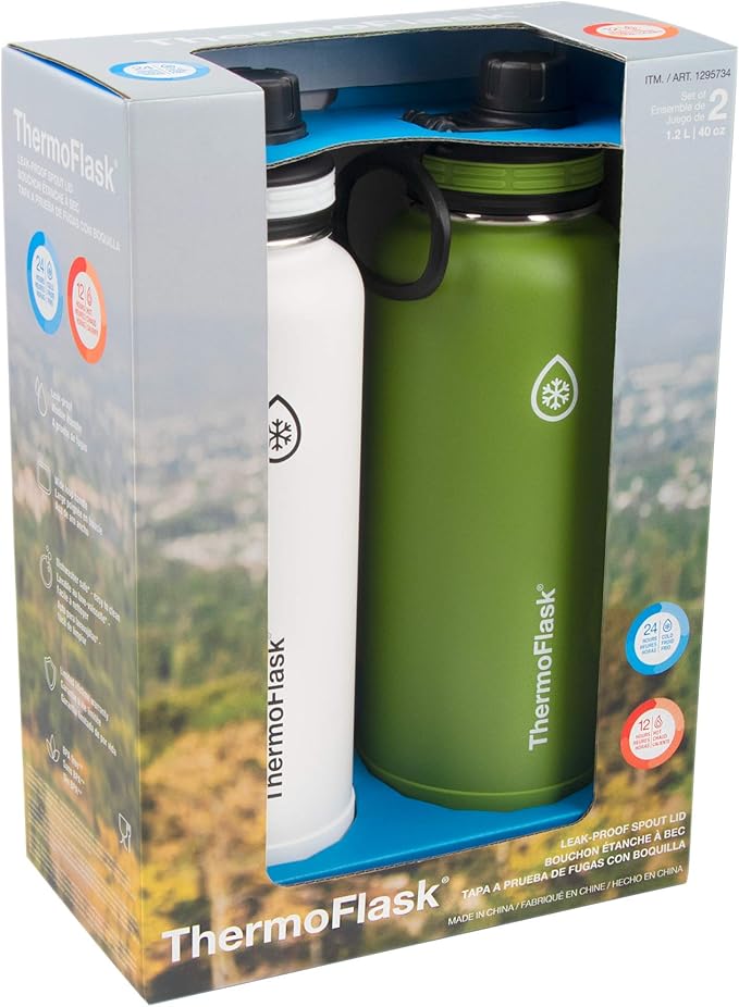 ThermoFlask 40 oz Double Wall Vacuum Insulated Stainless Steel 2-Pack of Water Bottles, Arctic/Grasshopper