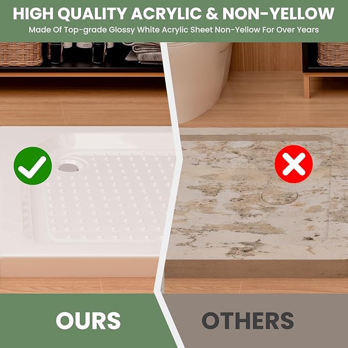 36" L x 36" W x 5.5" D Shower Base with Corner Drain, Shower Pan with Slip Resistant Textured Surface, White Acrylic and Fiberglass Shower Floor Base, Drain and Cover Included