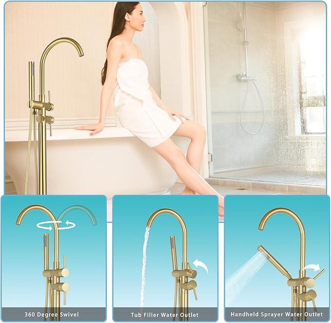 Floor Mount Bathtub Faucet，Freestanding Tub Faucet ，High Flow Dual Function 360 Degree Rotating Tube and Handheld Water Outlet (Brushed Gold)