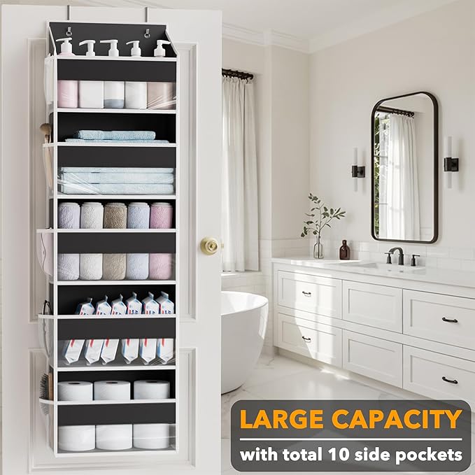 SpaceAid 2 Pack Over The Door Organizer with 5 Large Pockets and 10 Mesh Side Pockets, 5 Layers Door Organizer Hanging with Clear Window for Bedroom, Bathroom, Pantry and Nursery, Black