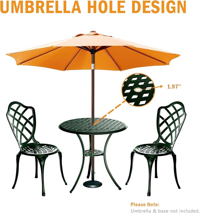 3 Piece Patio Bistro Set, Outdoor Bistro Table and Chairs Set of 2 w/Umbrella Hole, Rust-Resistant Cast Aluminum Bistro Set for Garden/Balcony/Backyard, Green
