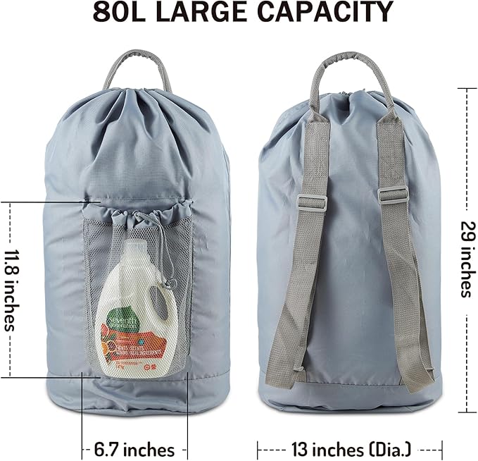 Backpack Laundry Bag, Large Laundry Backpack with Detergent Holder and Adjustable Shoulder Straps for College Travel Dorm Room (Gray)