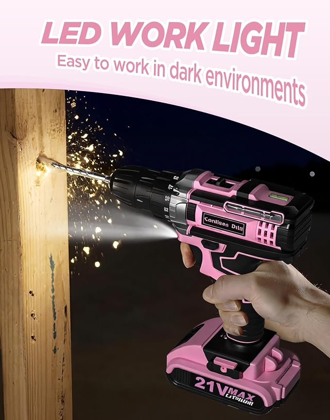 Pink Cordless Drill Set, 21V Electric Power Drill for Women, Lightweight Electric Screwdriver Driver with Power Pack & Charger, 2 Speed, 3/8" Keyless Chuck, 27 Pcs Womens Tool Kit for Home DIY & House