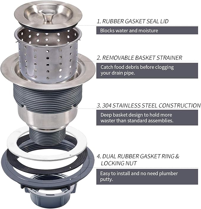 3-1/2 Inch Sink Drain Assembly Kit, Removable Deep Sink Strainer Basket with Sink Stopper/Sealing Lid for Home, Kitchen, Stainless Steel