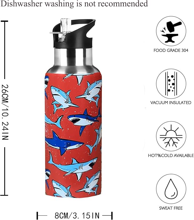 Cute Shark Sport Water Bottle with Straw, Vacuum Insulated Stainless Steel Thermal Drinking Travel Mug Cups For Gym Fitness Camping-17oz/500ml