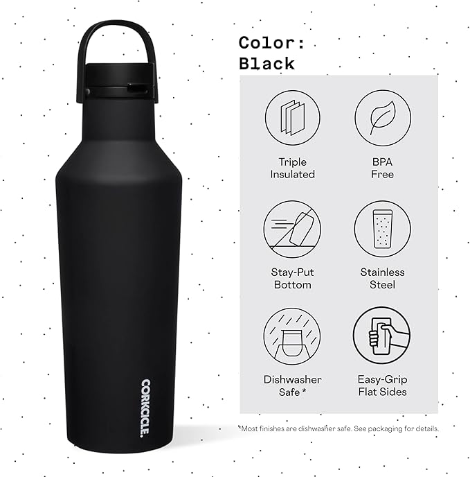 Corkcicle Sport Canteen Insulated Tumbler, Black, 32 oz – Reusable Water Bottle Keeps Beverages Cold for 25 Hours & Hot 12 Hours – Cupholder Friendly Tumbler with Screw-On Cap