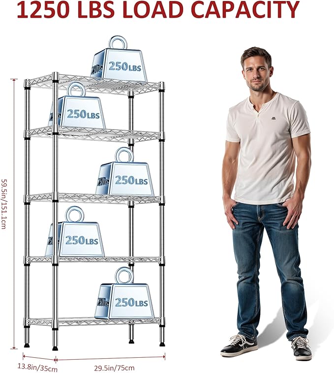 IZEUK 5-Tier Chrome Metal Storage Shelves, Heavy Duty Wire Shelving Unit for Kitchen, Office, Garage, or Home Organization, 1250 lbs Capacity, 13.8" D x 29.5" W x 59.5" H