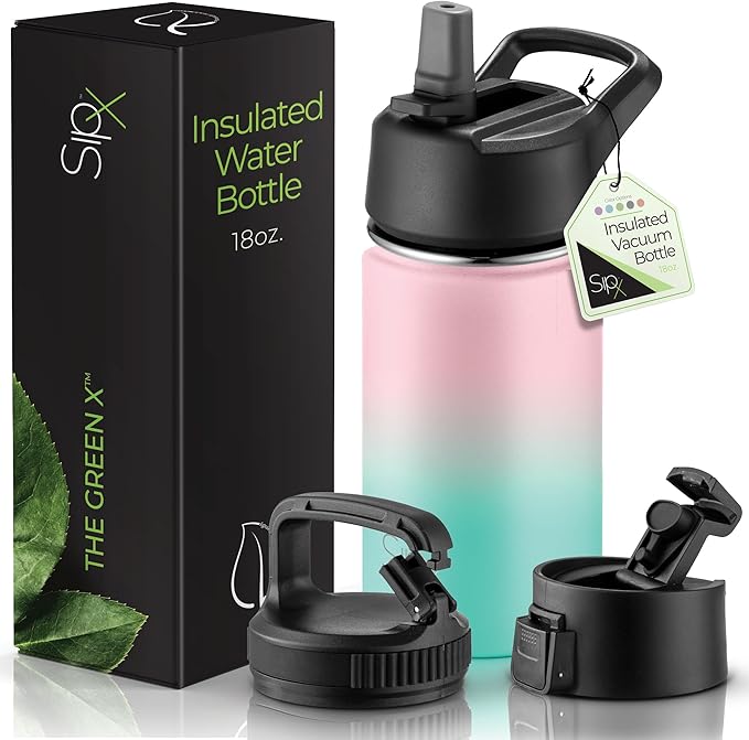 SipX™ Triple-Insulated Stainless Steel Water Bottle 18oz. With 3 Lids, BPA-Free Reusable Insulated Water Bottle Keeps Cold 24 Hours, Metal Water Bottle Made Of Sustainable Material For Hiking & Biking