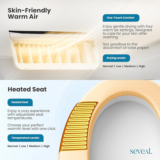 Electric Heated Bidet Toilet Seat–Instant Warm Water & Dryer, Feminine & Front Rear Wash, Wireless Remote, Self-Clean Nozzle, Slow Close Lid, Temperature Display, Energy Saving Mode (Rounded)