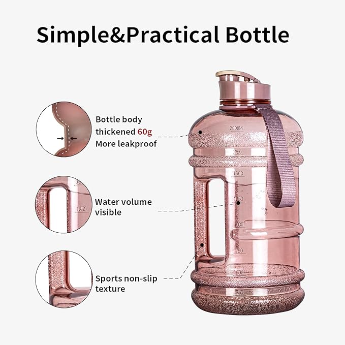 TOOFEEL 2 Liter Water Bottles - Half Gallon Water Bottle BPA Free - Ideal for Gym, Big Water Jug, Reusable Sports Bottle with Measurements Marked Drink Container - 2.2L 74oz Transparent Pink Bottle