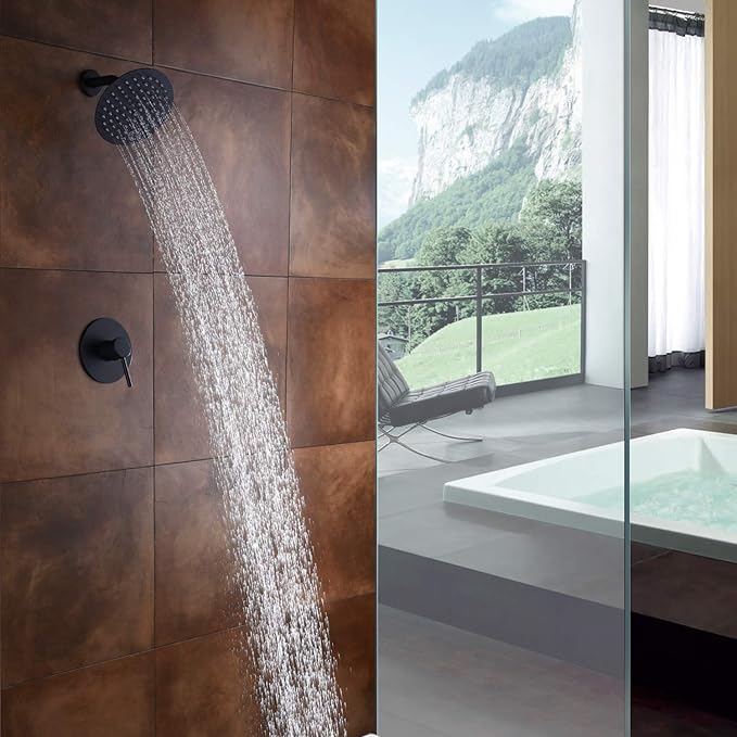 sumerain Matte Black Shower Faucet Set Pressure Balance Cartridge, 8 Inches Rain Shower Head, with Non-return Check Valves