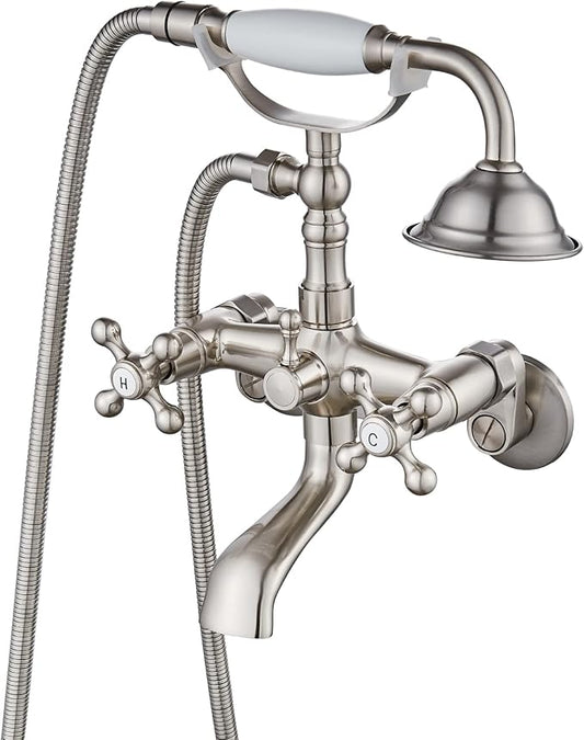 gotonovo Clawfoot Bathtub Faucet Tub Filler with Hand Held Shower Faucet Set Victorian Double Cross Handle 6 Inch Center Adjustable Swing Arms Tub Mount Short Adapter Brushed Nickel