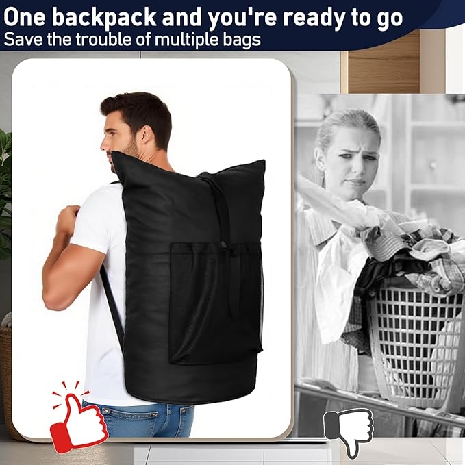 Laundry Bag Backpack Extra Large Travel Laundry Bags with Shoulder Straps Durable Polyster Clothes Hamper Bag for College Laundromat Apartment