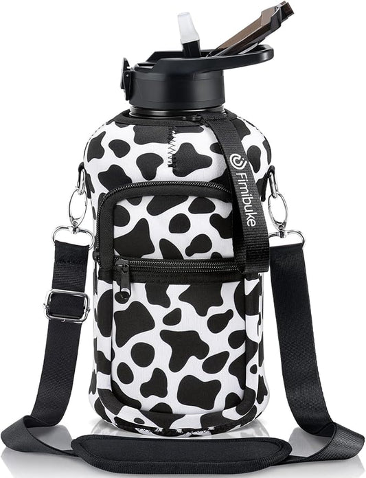 Fimibuke Half Gallon Water Bottle with Sleeve 64 OZ Water Bottle with Handle & Straw Leakproof Motivational Sports Gym Water Bottle with Time Marker BPA Free Water Jug with Reusable Neoprene Holder