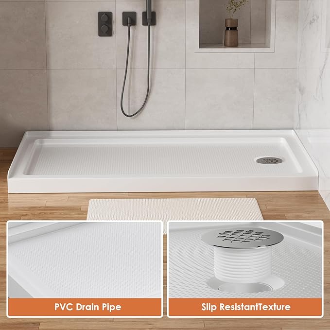 60"x 32" Shower Base, Right Drain Single Threshold Shower Pan with Slip Resistant Textured Surface, Stainless Steel Drain Cover（Right）