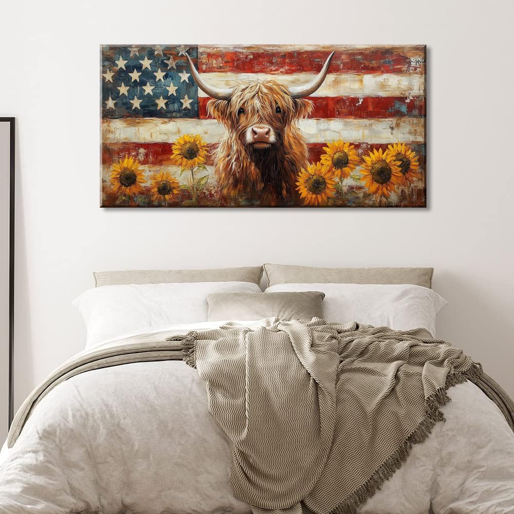 LASMOND Country Highland Cow Wall Art for Living Room Rustic Retro Vintage American Flag Sunflower Canvas Painting Prints Highland Cattle Artwork Farmhouse Bedroom Office Decor (58x28 Inches)