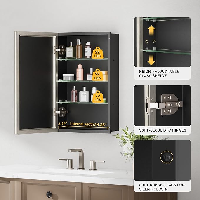 Brushed Nickel Medicine Cabinet, 16''x 24'' Recessed or Surface Framed Medicine Cabinet with Beveled Mirror Pre-Assembled, Reversible Bathroom Storage Vanity Cabinet with Adjustable Shelves