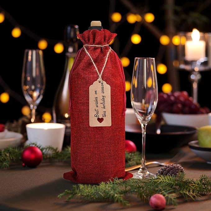 EVRWO Burlap Wine Bags 12 Pcs Wine Bottle Gift Bags Reusable Gift Bags With Drawstrings Tags & Ropes for Holiday Weedings Party, Birthdays, Travel, Blind Tastings, Home Storage 750ml
