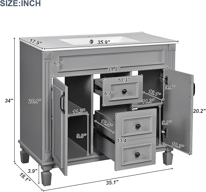 Merax 36" Bathroom Vanity with Sink, 36 inch Bathroom Vanity Storage Cabinet with Matching Mirror Medicine Cabinet, Ceramic Sink Top, Solid Wood Frame, Painted