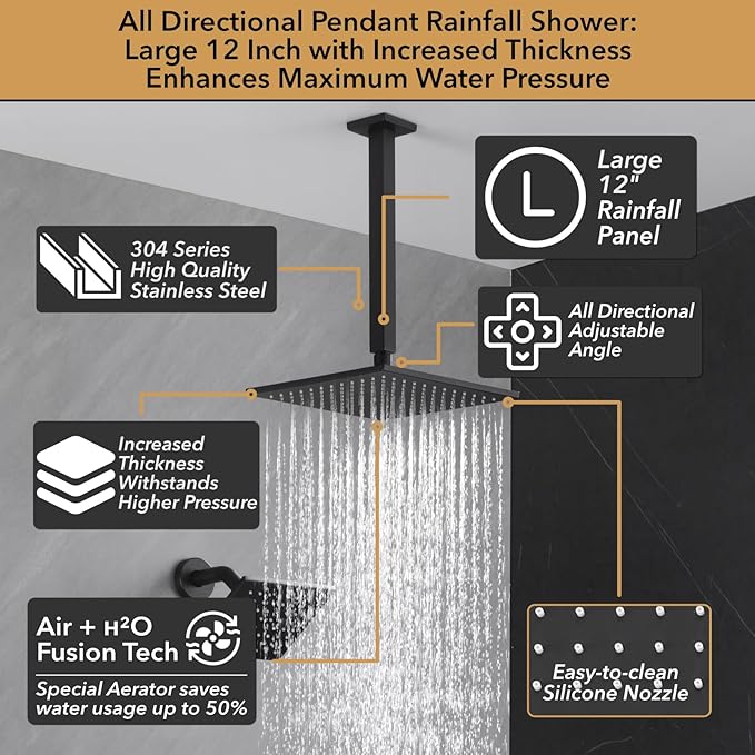 VANFOXLE Shower Faucet Set Matte Black Shower System,Push Button Diverter Shower Faucet with 2 in 1 Handheld,Ceiling Mount Increased Thickness 12 Inch Shower Head with 6 Inch Wall Mount Shower Head
