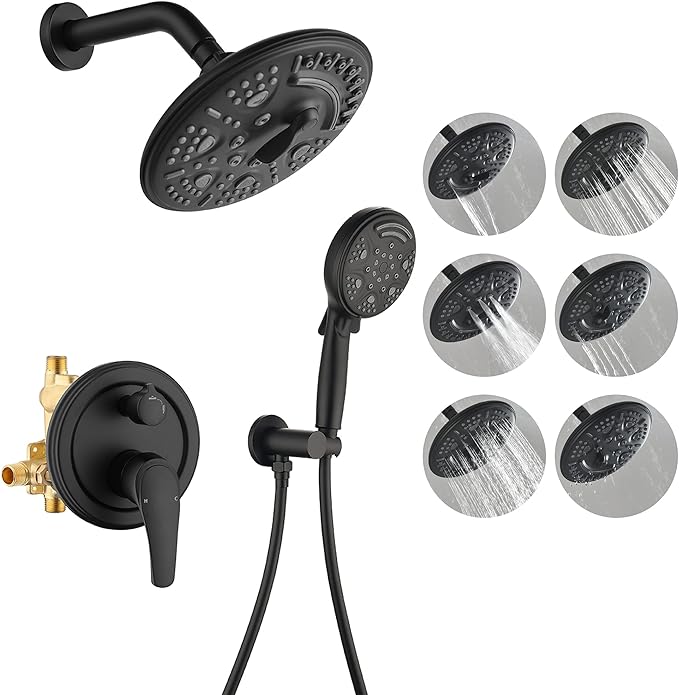 SHAMANDA 15-Function Shower System with Valve and Trim, Bathroom Luxury Shower Faucets Sets Complete with 9 Setting Handheld showerhead & 6 Setting Rain Shower, Wall mounted, Matte Black, L8082-7