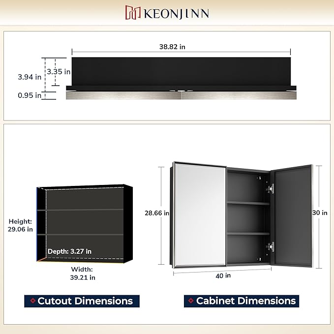 Keonjinn 40" x 30" Medicine Cabinets with Mirror for Bathroom, Brushed Nickel Recessed or Surface Wall-Mounted Aluminum Alloy Framed Beveled Mirror, Farmhouse Bathroom Mirror with Storage Cabinet