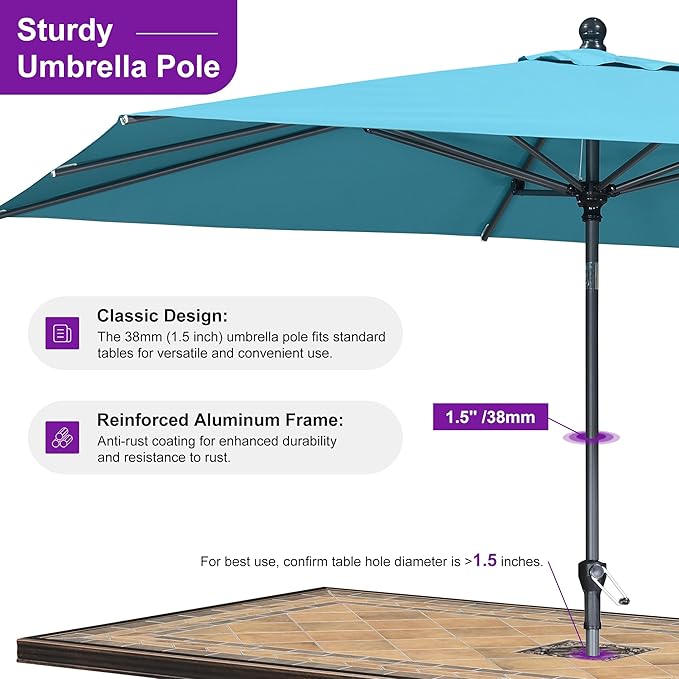 PURPLE LEAF 9' x 6' Rectangular Patio Umbrella Outdoor Table Umbrella Aluminum Frame Market Umbrella Sun Umbrella with 8 Sturdy Ribs Tilt for Garden Deck Lawn Pool Turquoise Blue