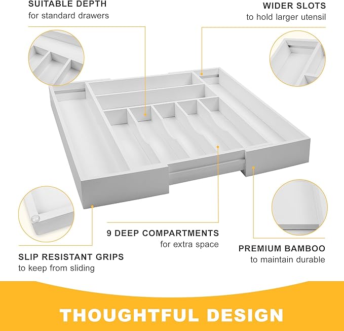 Large Premium Bamboo Silverware Organizer - Expandable Drawer Organizer & Utensil Organizer - 17"x19.7" Cutlery Tray with Dividers for Kitchen Utensils and Flatware (7-9 Slots) (White)