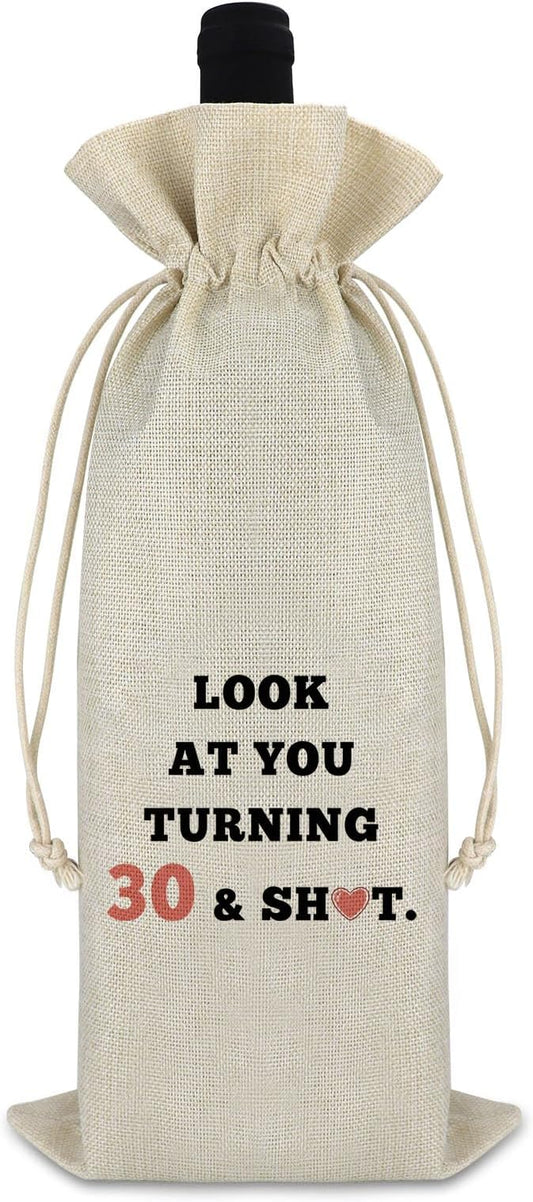 Funny 30th Birthday Gifts for Women Men Wine Bag Turning 30 Year Old Birthday Gift Ideas for Wife Mom Sister Aunt Friends Coworker Birthday Party Decors Happy Birthday Gift Cotton Burlap Wine Wrap Bag