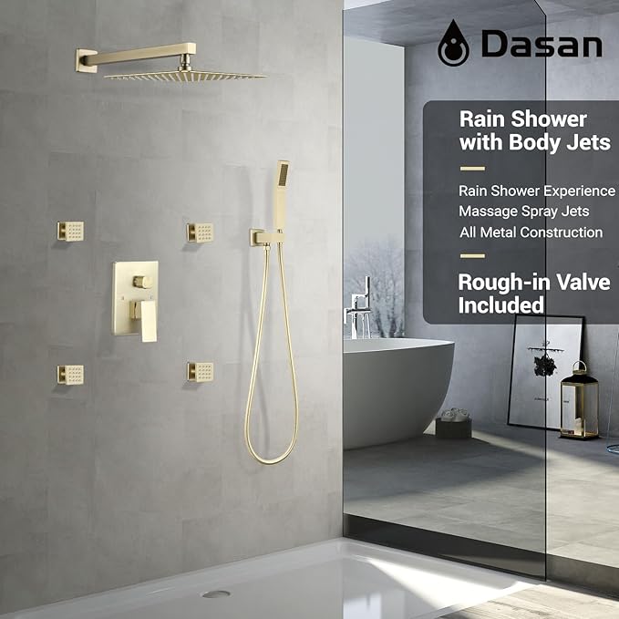 Full Body Rain Shower System with 4 Body Shower Jets & 12’’ Wall Mount Rainfall Shower Head & Handheld, DASAN Multi Shower Head System Brushed Gold Rain Shower Faucets sets Combo with Rough-in Valve