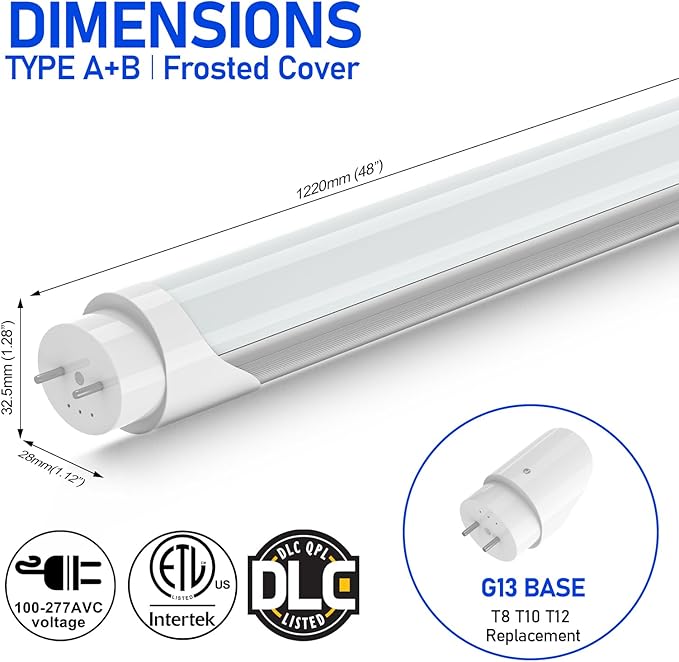 T8 T12 LED Bulbs 4 Foot, 4FT Tube Lights Type A+B Bulbs, 6CCT 3000K-6500K/5 Power(10W-24W) Selectable, T8/T12 4ft Fluorescent Tube Replacement, Plug and Play or Ballast Bypass, ETL DLC(6 Pack White)