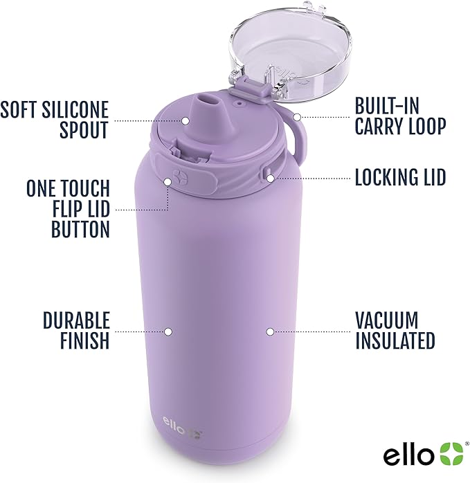 Ello Cooper 40oz Stainless Steel Water Bottle with Straw and Carry Handle, Double Walled and Vacuum Insulated Metal, Leak Proof Locking Lid with Soft Silicone Spout, Reusable, BPA Free, Lilac