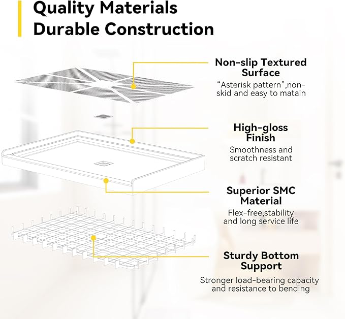Sunrosa Shower Base 48"×36"×4", Single Threshold Shower Bases with Center Drain, Rectangle Solid Surface White Shower Pan, Slip Resistant Textured Surface, Include Stainless Steel Chrome Cover