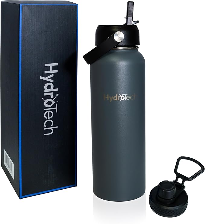 HydroTech Stainless Steel Leak Proof Water Bottle with Double Wall Insulation and 2 Lids (Straw Lid) - 40 OZ. (Dark Gray)