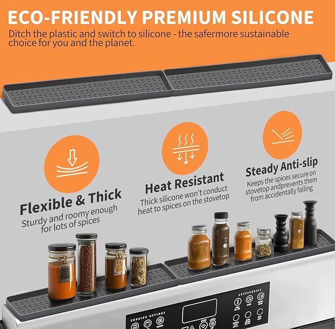 BFONS 30" Magnetic Stove Top Shelf Spice Rack Storage, Silicone Top Heat Material Stove Rack Shelf Flexible Seasoning Organizer Kitchen Shelves Gadgets with 2 Functional Prtitions for Kitchen （Grey）