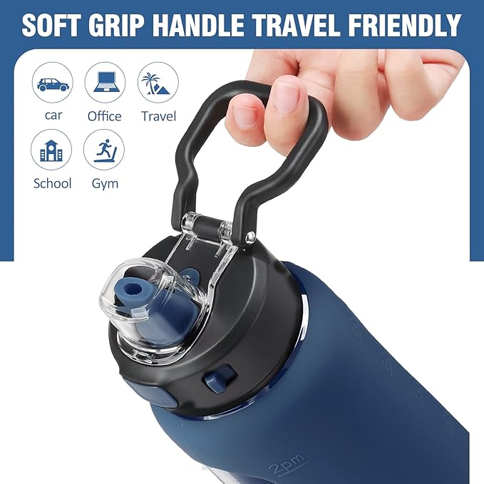 Kodrine 32 oz Glass Water Bottle with Soft Silicone Spout, Locking Lid, and Carry Loop, Navy Blue