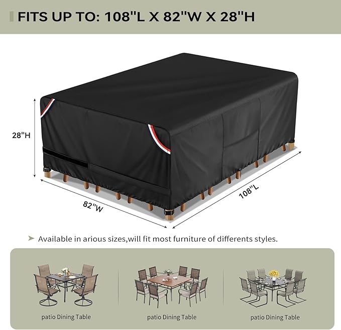 KylinLucky Patio Furniture Table Covers Waterproof 600D Heavy Duty - 108 x 82 inch All-Weather Outdoor Dining Set Cover for 9ft x 6ft Table and Chairs