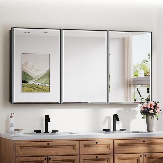 TokeShimi 60x30 Recessed Medicine Cabinet with Mirror, Black Medicine Cabinet Mirrored Aluminum Alloy, Wall Mounted Metal Beveled Mirror with Storage for Bathroom Vanity
