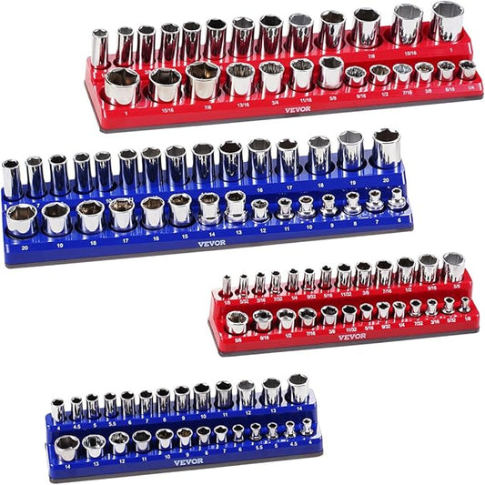 VEVOR Magnetic Socket Organizer Set, 4PCS Magnetic Socket Holder, 1/4'' & 3/8'' Metric SAE Socket Trays with Clear Labels, Hold up to 108PCS Standard & Deep Sockets, Blue & Red (Sockets Not Included)