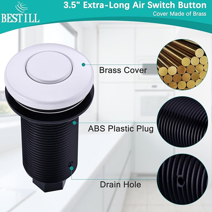 BESTILL Garbage Disposal Air Switch Kit - UL Listed, Cordless Sink Top Switch Button for Waste Disposer, 3.6" Long Push Button with Brass Cover, White, Compatible with all Garbage Disposals