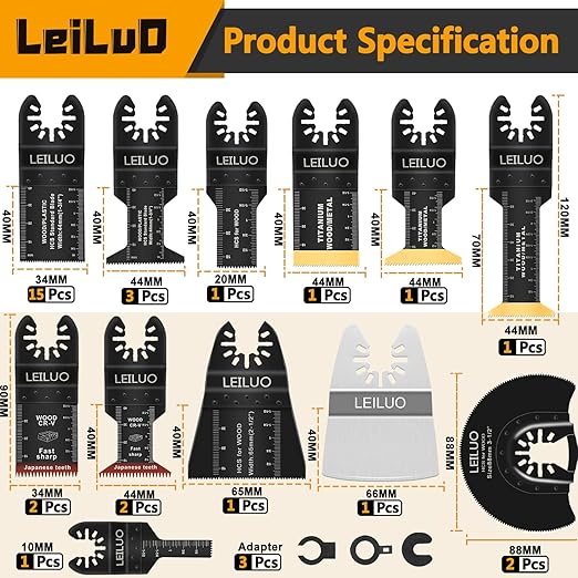 LEILUO 34 Pcs Multitool Blade Kits for Wood Nails Drywall Cutting Oscillating Saw Blades Universal Oscillating Tool Accessories with Storage Bag Compatible with DeWalt Makita Dremel and More