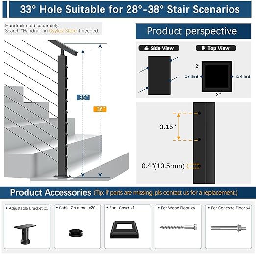 Economical 36" Stair Cable Railing Post Fit 28-38 Degree Stairway, Stainless Steel T304 Deck Post for Stair Railing System, Upgraded Black Powder Coated Wire Metal Post for Satir Indoor Outdoor